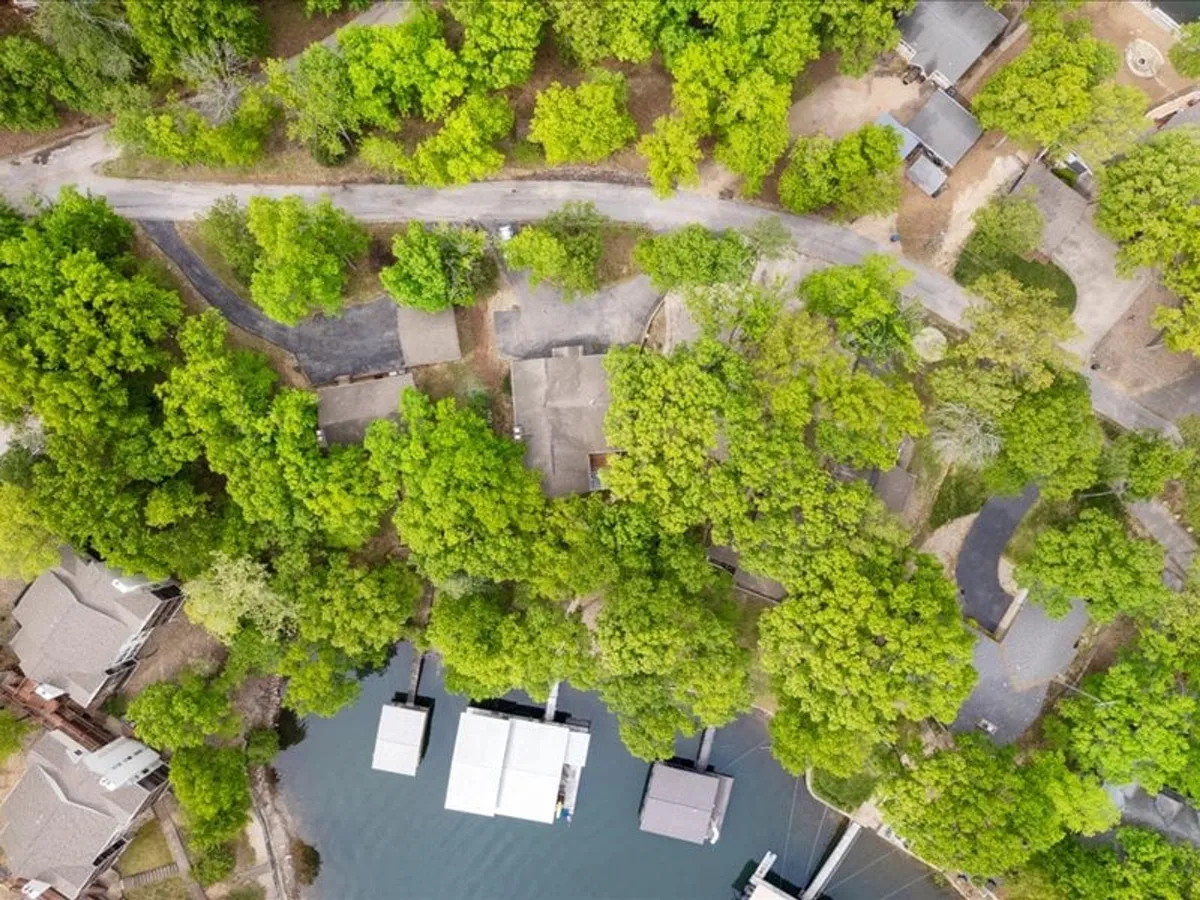 A tranquil view of lush green trees bordering a quiet waterway, with docks along the shore and a scenic roadway curving through the landscape. The setting is peaceful, inviting viewers to imagine wildlife such as birds or deer near the water’s edge.